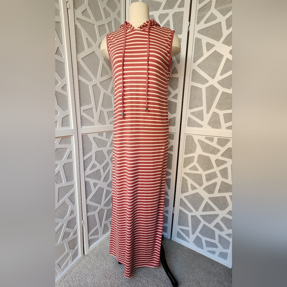 Pink And White Stripe Sleeveless Hoodie Maxi Dress Women's Medium